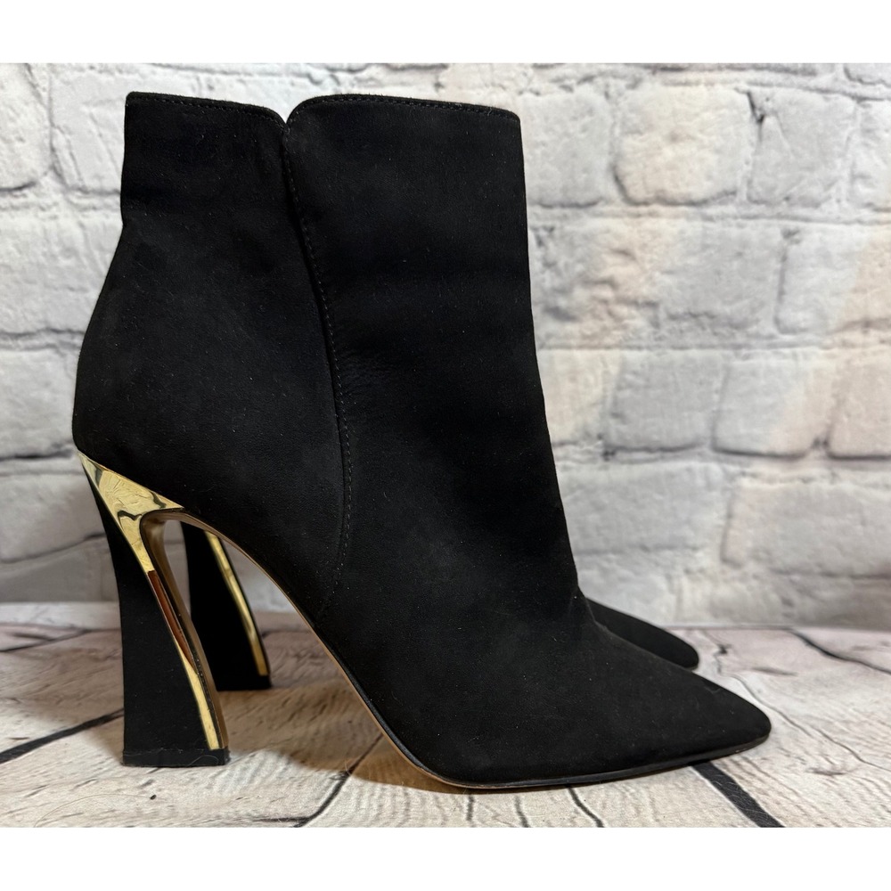 JLO Jennifer Lopez Gorgina Black Gold Architectural Heel Ankle Boots 7.5